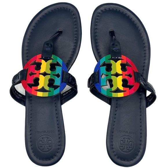 Tory Burch Miller Rainbow Royals Navy Pride Leather Thong Sandals - Picture 1 of 5